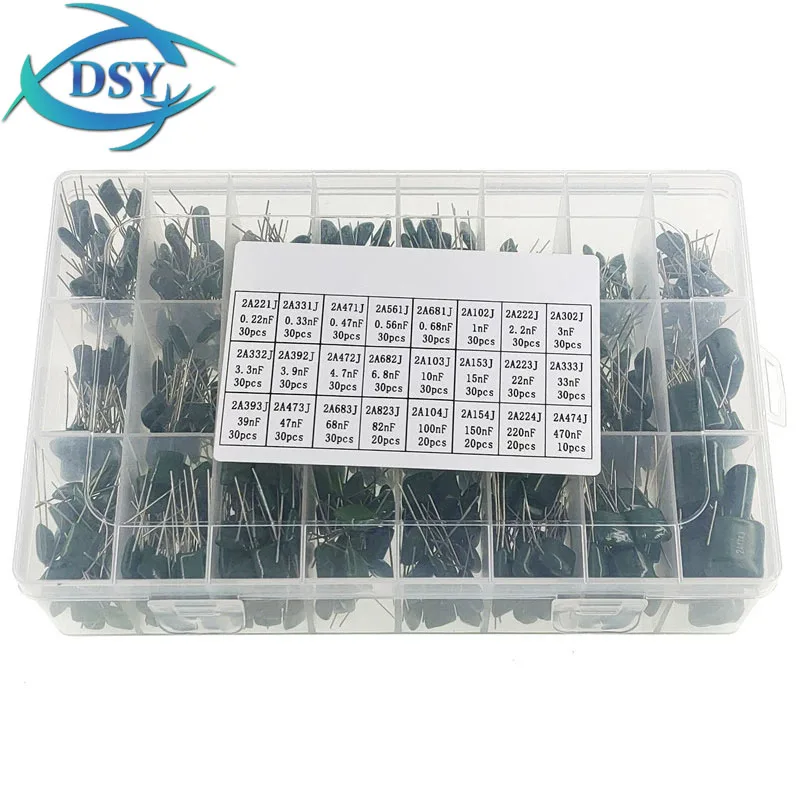 24Value Capacitor KITs 660PCS/Box 100V 0.22nF-470nF Polyester Film Assorted 2A331J 333J 561J 683J 0.33nF 33nF 0.56nF