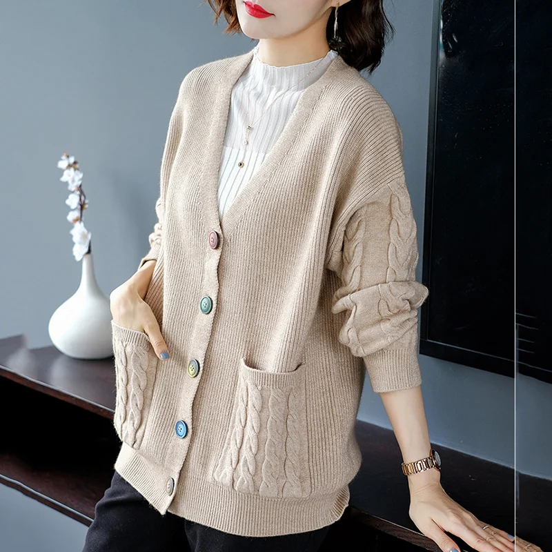 

Mom Leisure Cardigan Sweater for Women, Knitted Coat, Thin Outer Wear, Loose Solid Color, Thick Line Sweater, Spring Autumn, New