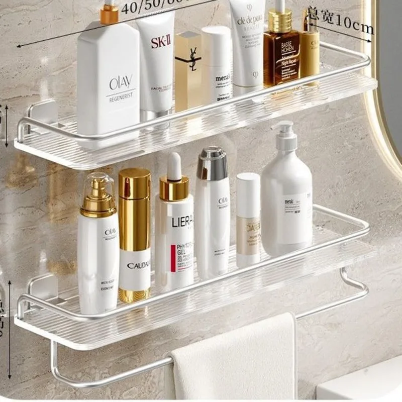 Silver Bathroom Decor Wall Mounted Shelf No Punch Sink Cosmetic Multifunctional Storage Rack Transparent Restroom Organizer