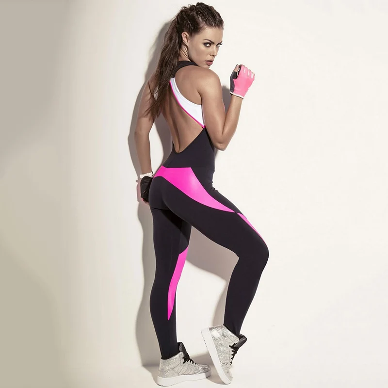 Gymdolphins 2024 Summer New Contrast Color Skinny Women's Sport Jumpsuit Halter Backless Fitness Suit Gym Tracksuit Yoga Wears