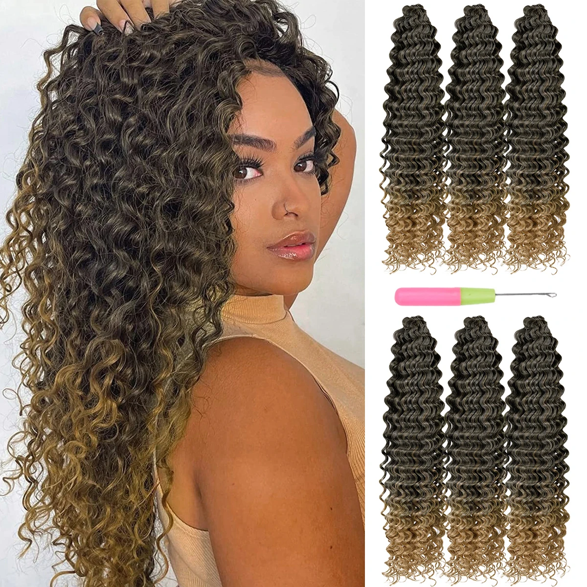 Synthetic Ocean Wave Crochet Trança Cabelo, Soft Afro Curls, Deep Water Wave Hair Extensions, Torça Crochet Cabelo, 28"