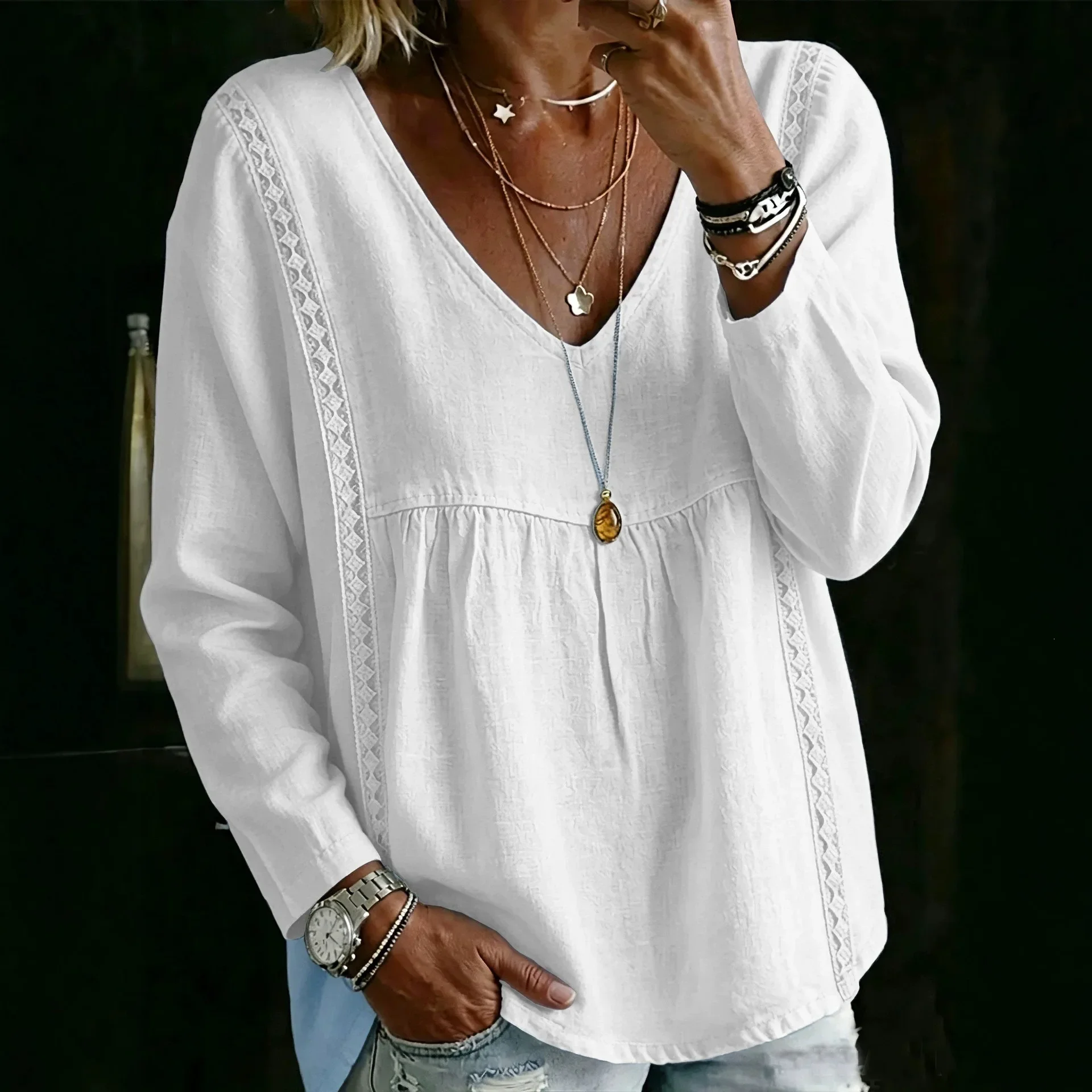 Women V Neck Long Sleeve T-shirts Casual Solid Color Lace Patchwork Loose Shirts Oversized Tops Plus Size YQH-SY2606124