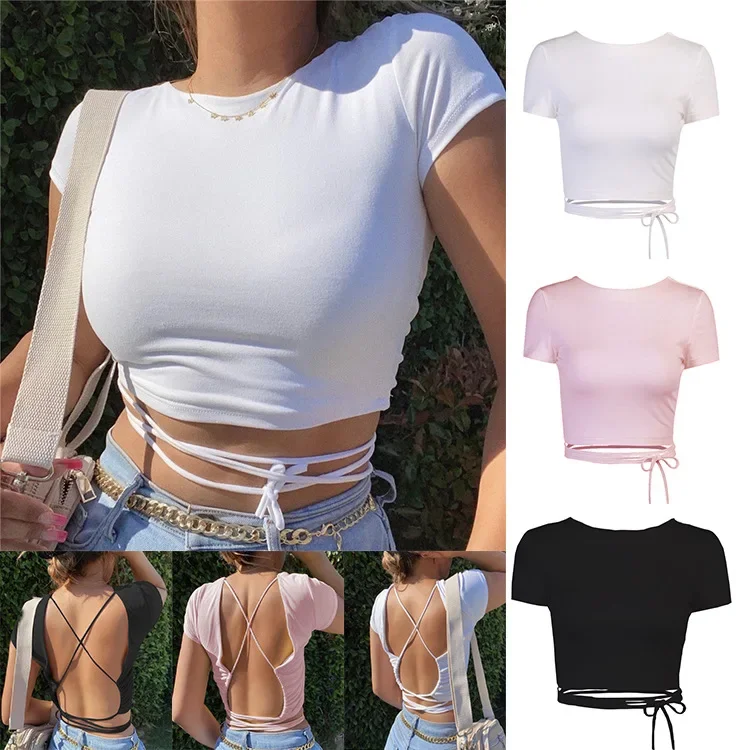 

Vrouwen Sexy Harajuku Open Back T-shirt Lange Mouw Top Cropped Tops Vrouwen T-shirt Zomer Casual Tops Wit Mode T-shirt