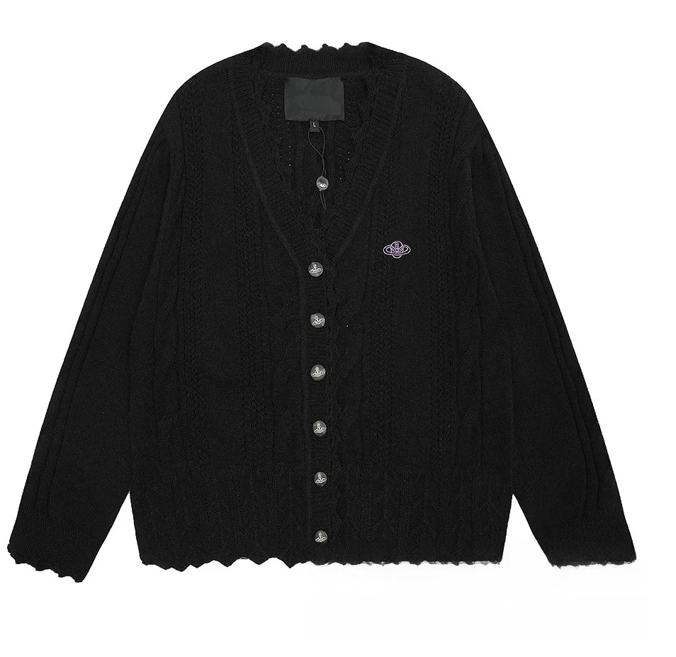 เสื้อคาร์ดิแกนถักคอวีปักลายดาวเสาร์สไตล์วินเทจคุณภาพสูง เสื้อคลุมอเนกประสงค์ทันสมัยผสมผสานขนสัตว์