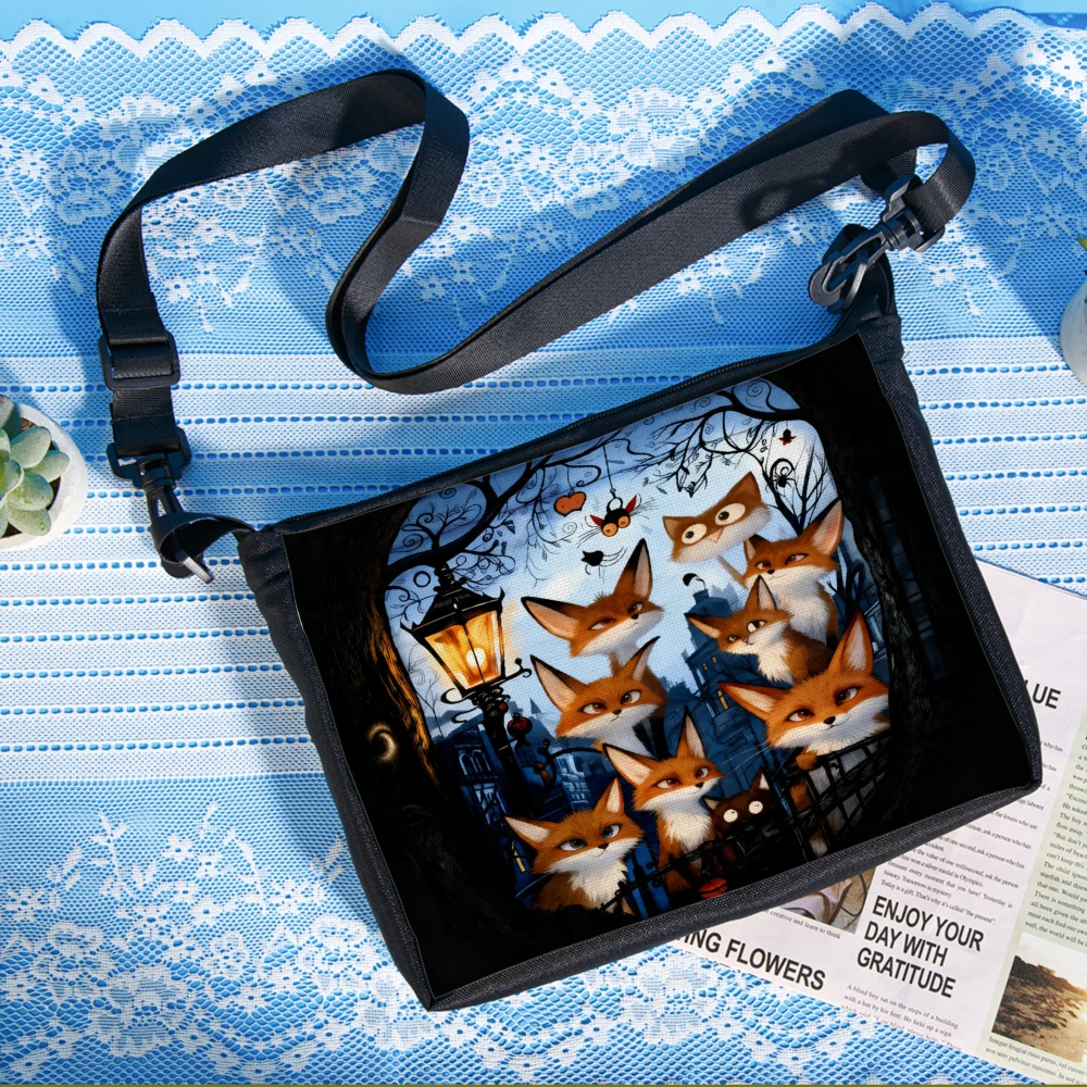 1pc Foxes In Night City Crossbody Bag Black Cute Animal Print Shoulder Bags For Women Girls Fashion Casual Everyday Use School W
