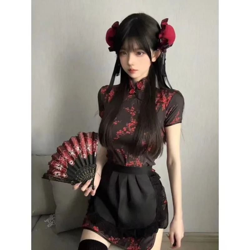 Vestido de princesa Cheongsam chino de talla grande, delantal de mucama Lolita, vestido QiPao Roleplay, Mini vestido Hanfu moderno mejorado