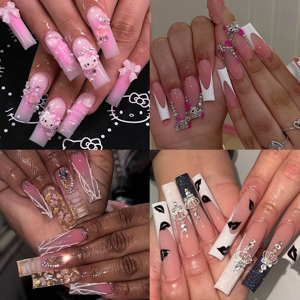 24Pcs Y2K Cool Girl Style French Long Coffin False Nails Pink Hello Kitty Diamond Leopard Print Flower Bow Design Press On Nails