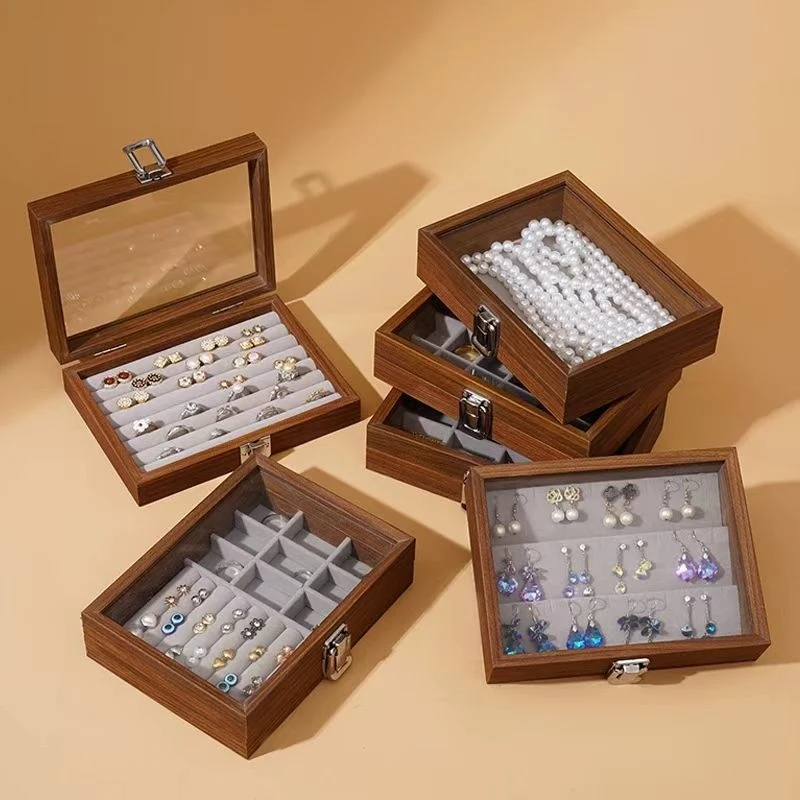 

Top New Hot Exquisite Pro Trendy Retro Elegant Wooden Glass Lid Dust-Proof Earrings Display Tray Storage Box Simple Gift Party