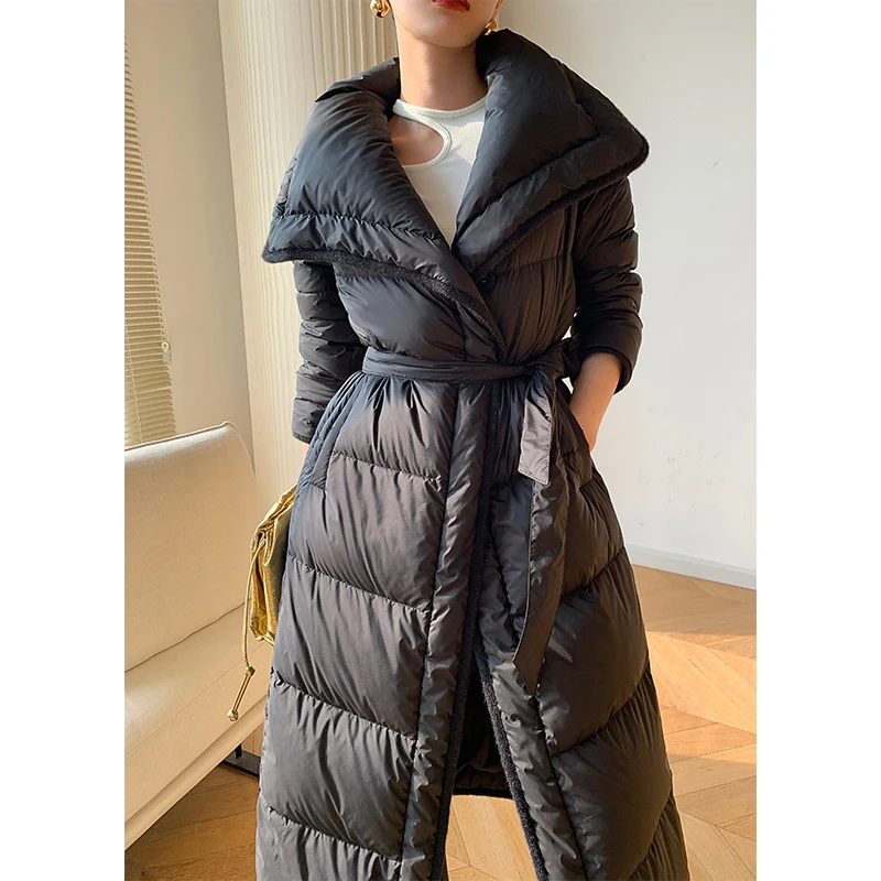 Turtleneck Hooded Down Parkas Women Long White Goose Down Coats High-end Fashion Thick Warm Slim Belted Winter Puffer Jacket