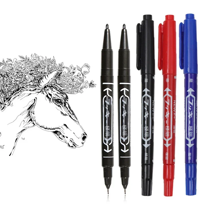 6 Pcs Permanent Waterproof Double-ended Marker Pen 0.5mm-1mm Fine Point Nib Marker Pen Red Black Blue Ink