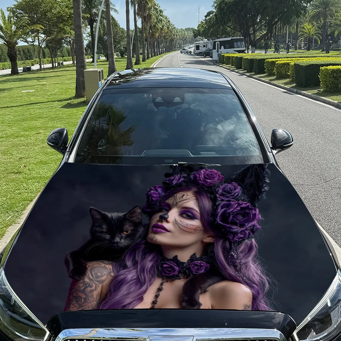 Floral Decorated Girl with Skull Makeup and Black Cat Car Vinyl Wrap, PVC Material Waterproof Car Hood Sticker, Self-Adhesive Sc