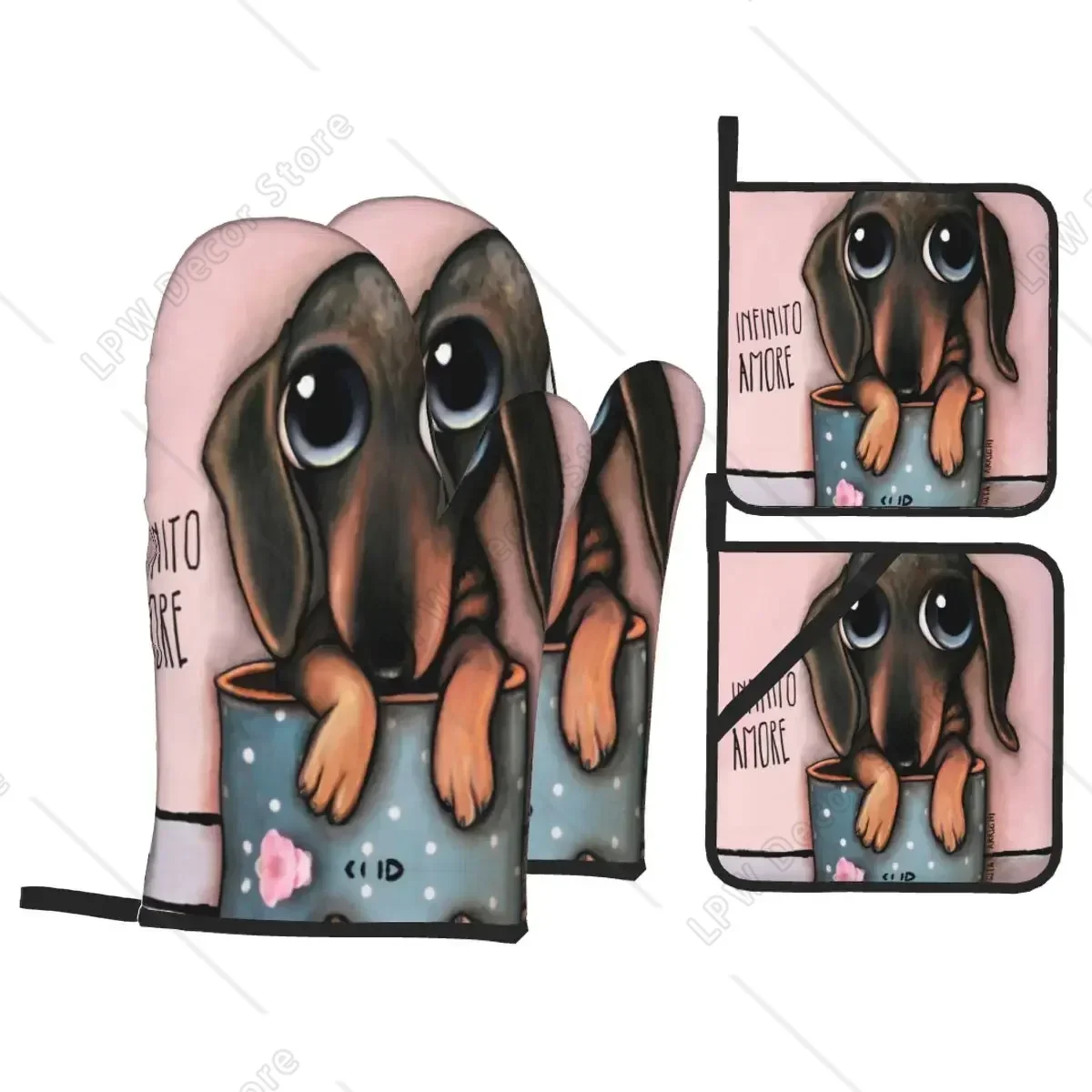 Dachshund Oven Mitts and Pot Holders Sets of 4 Heat Resistant Non Slip Wiener Badger Dogs Kitchen BBQ Gloves for Baking Cooking
