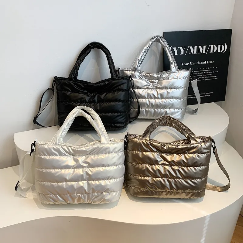 Puffer Quilted Crossbody Tote Bag Adjustable Wide Shoulder Strap Large Capacity Satin Down Women Handbag Shoulder Bag Daily Use