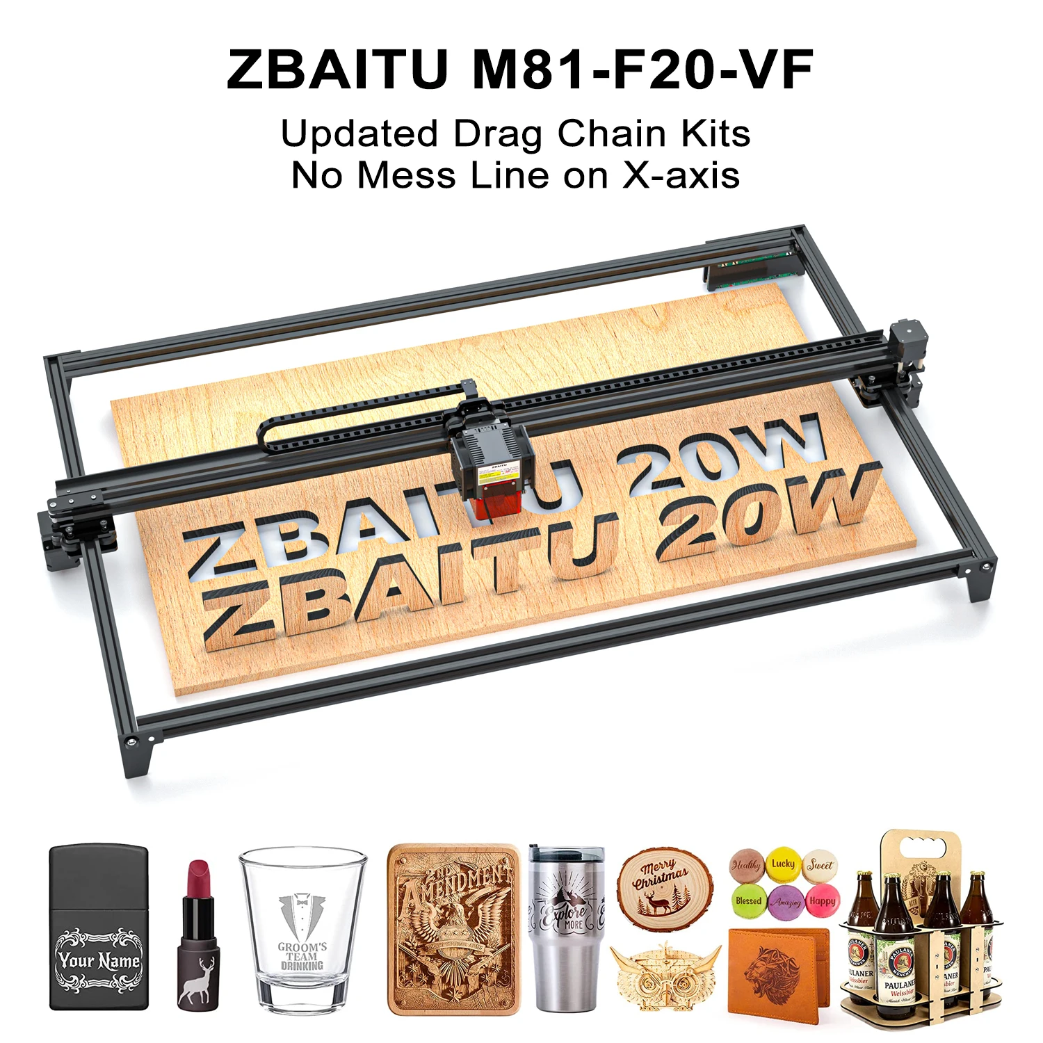 ZBAITU-máquina grabadora láser M81, cadena de arrastre, asistido por aire cabezal láser, potencia de 80W/130W, cortador de madera CNC, herramientas