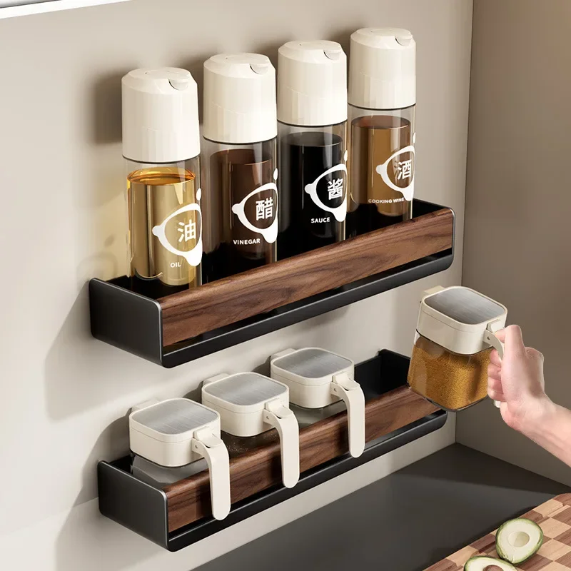 

Light luxury walnut wood kitchen spice rack for home oil bottles, sealed salt jars, wall-mounted bathroom storage shelf.