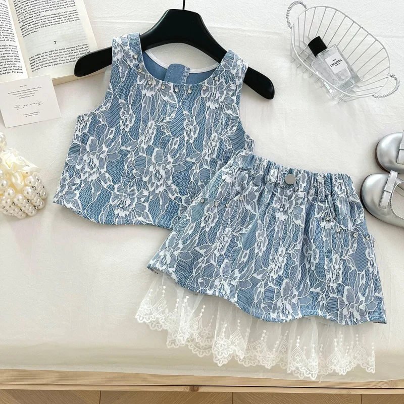 

Girls Suit2025Summer New Lace Denim Vest Shirt Top Princess Skirt Two-Piece Set