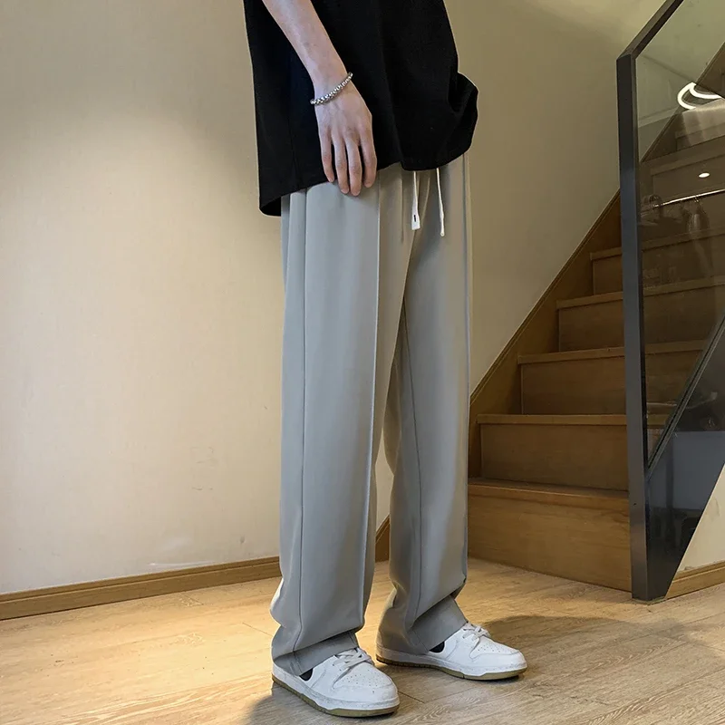 Gray/Black Spring Summer Ice Silk Straight Pants Men's Pleated Loose Casual Mopping Trousers Trend Daily Streetwear Harem Pants