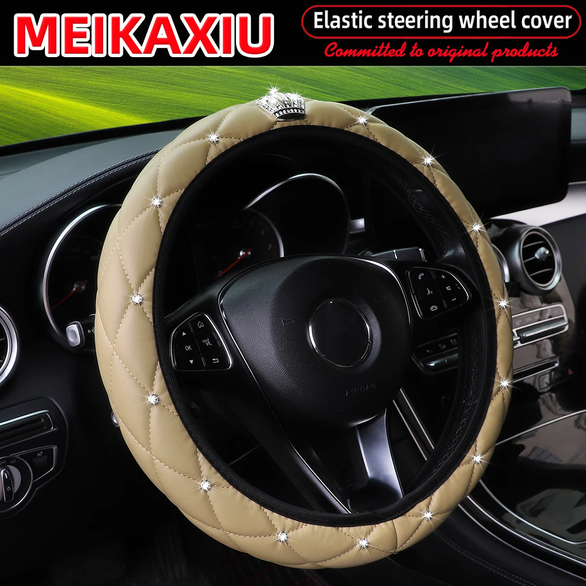 Weiche Leder-Lenkradabdeckung mit Diamantbesetzter Krone und Bling-Bling-Effekt ohne Innenring, Geeignet für 14,5 - 15 Zoll Autozubehör – Detail 8