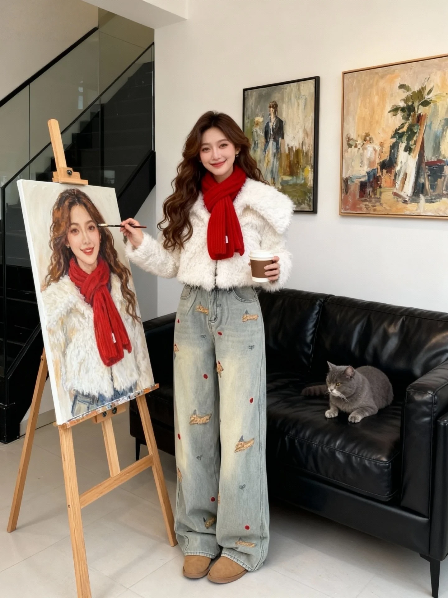 

Большие размеры, джинсовые джинсы Thi на подкладке, женские прямые широкие брюки с высокой талией, осень-зима, свободный крой для похудения