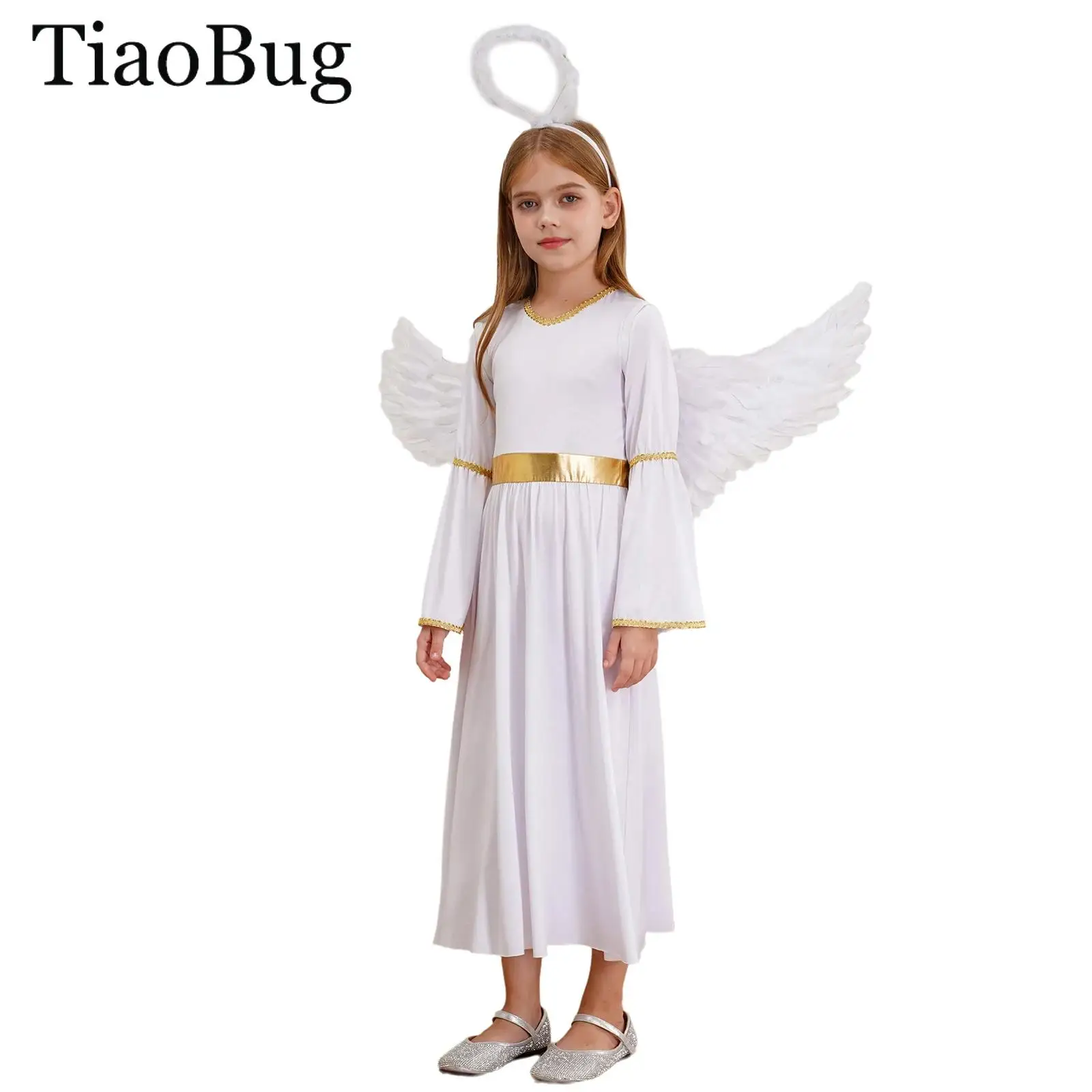 

Halloween Fancy Dress Up Girls Angel Cosplay Costume Greek Princess Dress with Feather Angel Wings Headband Fairy Sticks Sets