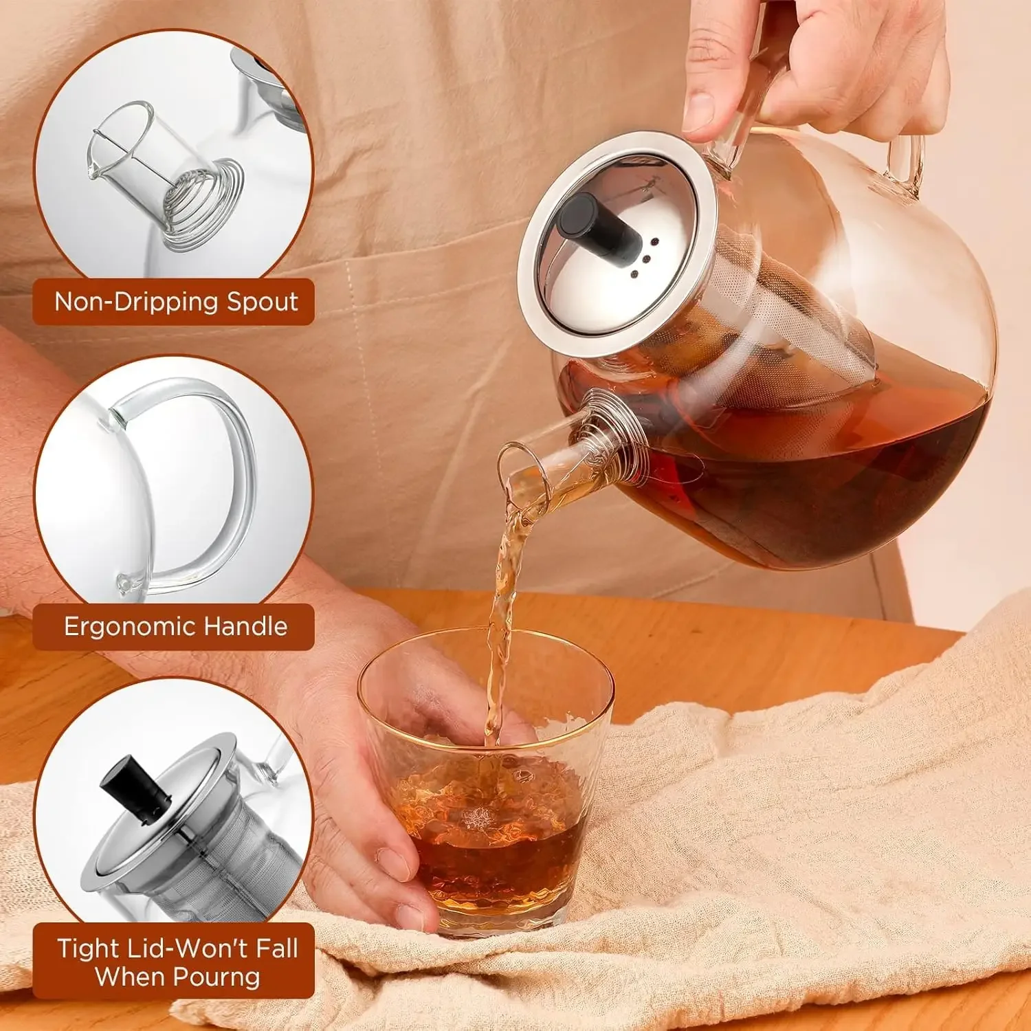 800/1500ml Large Glass Teapot with Infuser Stovetop Safe, Glass Tea Pots for Loose Leaf Tea Fruit Teas Fragrant Teas