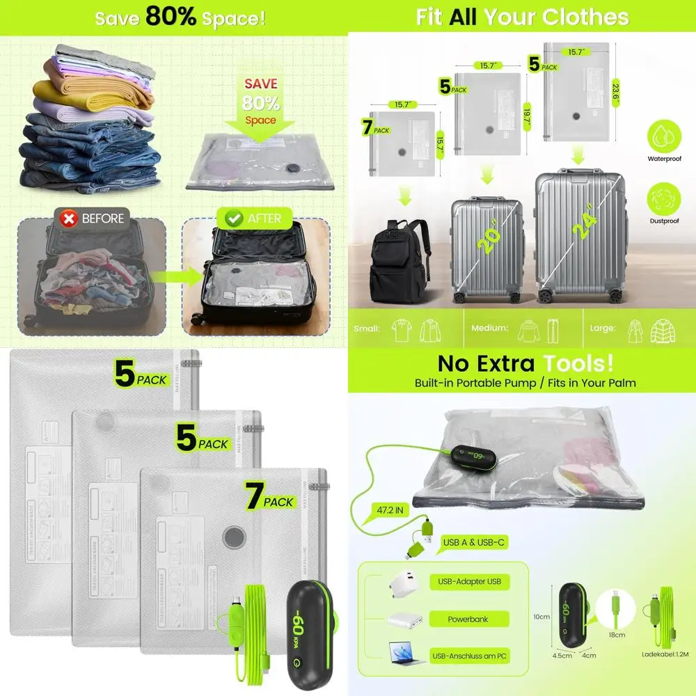 

Портативные вакуумные пакеты для путешествий и домашнего хранения - компактное сжатие для одежды, постельного белья и сезонных вещей