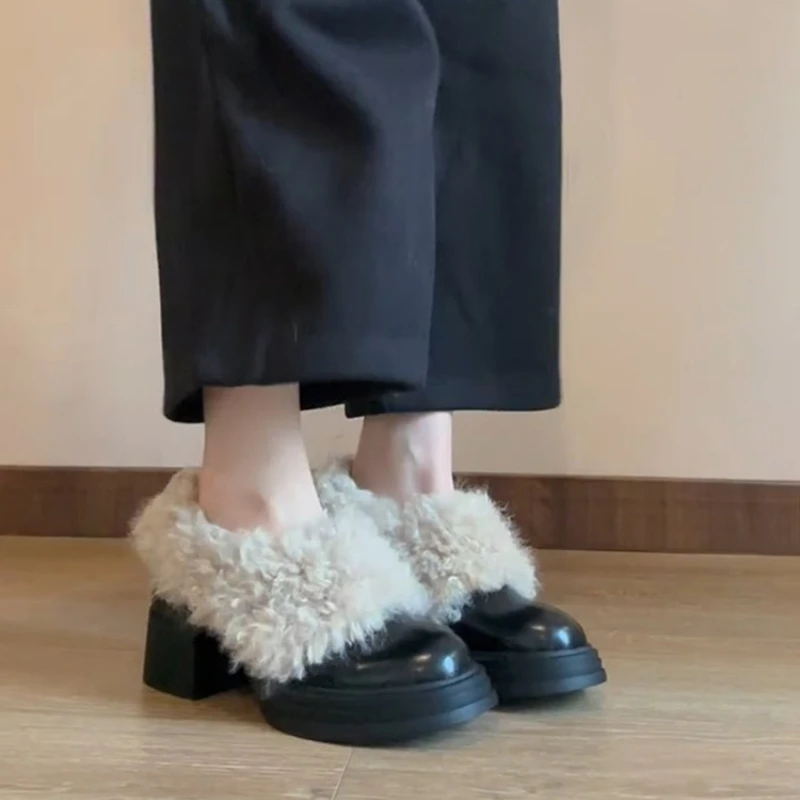 

Fashion Winter High Heels Fleece Warm Modern Boots Outdoor Chunky Heel Women Shoes Comfortable Shallow Slip-on Ankle Bootie New