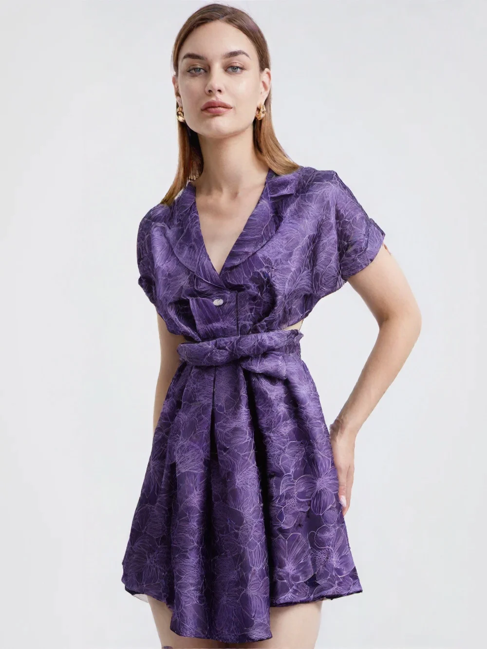 Elegant Long Jacquard Dress Women's Short Sleeve Notched Single Breasted Floral A-Line Bandage Formal Occasions Party Dress