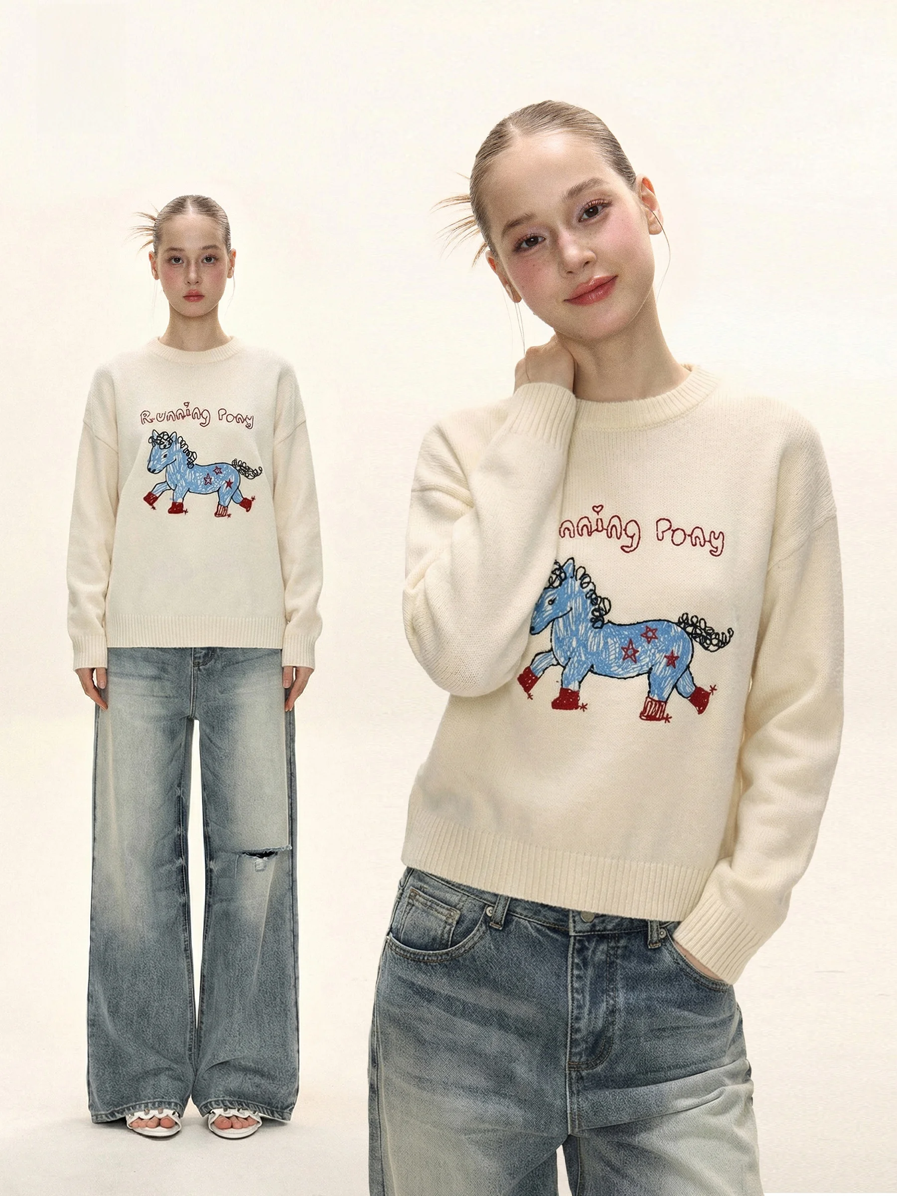 

Женский круглый вязаный свитер Ne Long Sve с вышивкой, повседневный свободный крой, зимний теплый модный топ для внутренней одежды