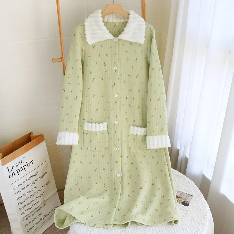 Winter Warm Air Layer Quilted Cotton Girls Floral Sleep Dress Women Nightgowns Nighttie Sleepshirts Ladies Home Dresses Fashion