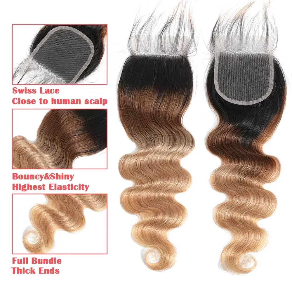 Ombre Color Body Wave Human Hair Bundles with Closure 100% Unprocessed Virgin Hair 1b/4/27 Colored Bundles Human Hair Extension