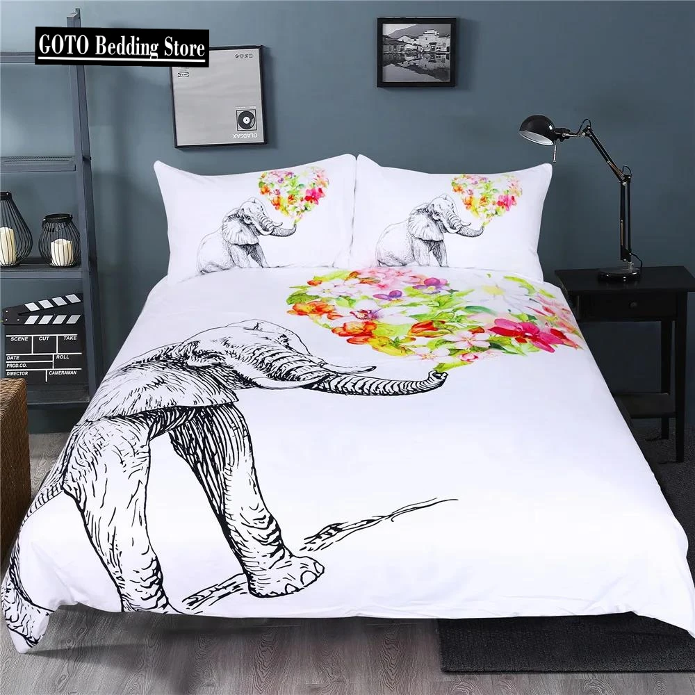 

Sketch Elephant Duvet Cover Sets Pure White Background Reactive Printing Love Flower King Size Bedding Set Hot Bed Sets RT85