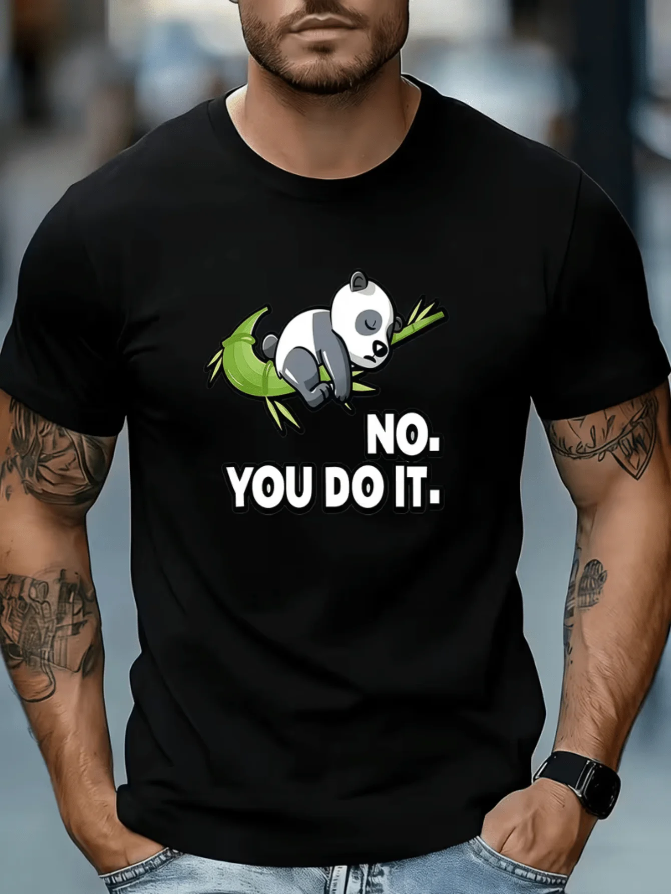 Cartoon Pandas Lie on Emerald Bamboo and Close Their Eyes, with Bold Fun Slogans NO. YOU DO IT, Lazy Buddhism Heals Casual Men's Pure Cotton Short Sleeves