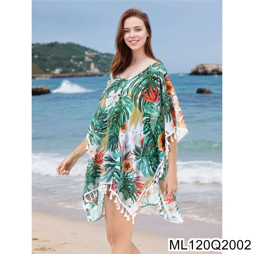 2025 New Tropical Plant Printed Beach Smock, Chiffon Bikini Smock, Vacation Beach Sun-protective Clothing ML120Q20