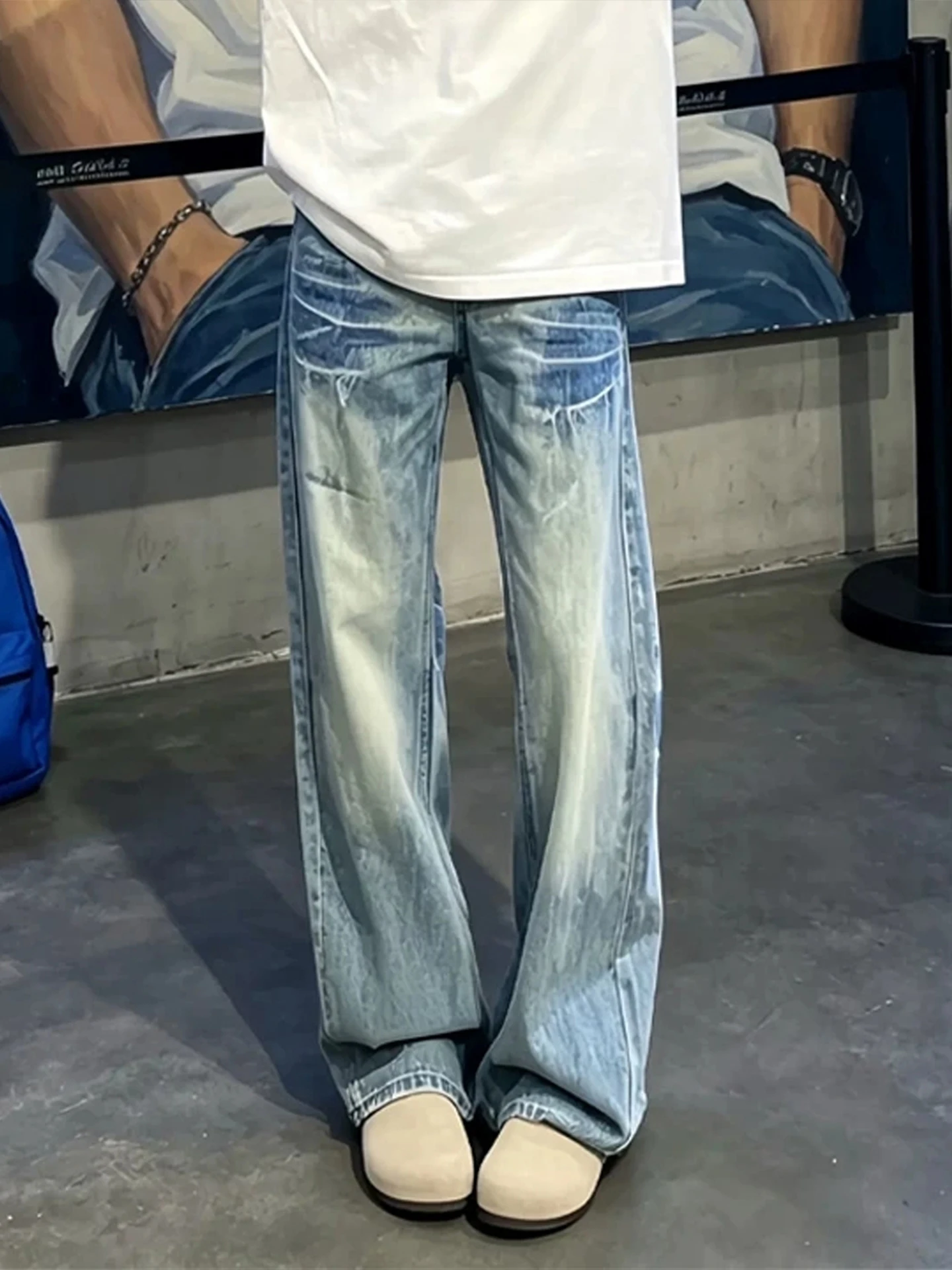 

Light Blue Washed Wide Leg Jeans Men Women Straight Cut Loose Fit Comfortable Soft Denim High Street Style Slimming Effect