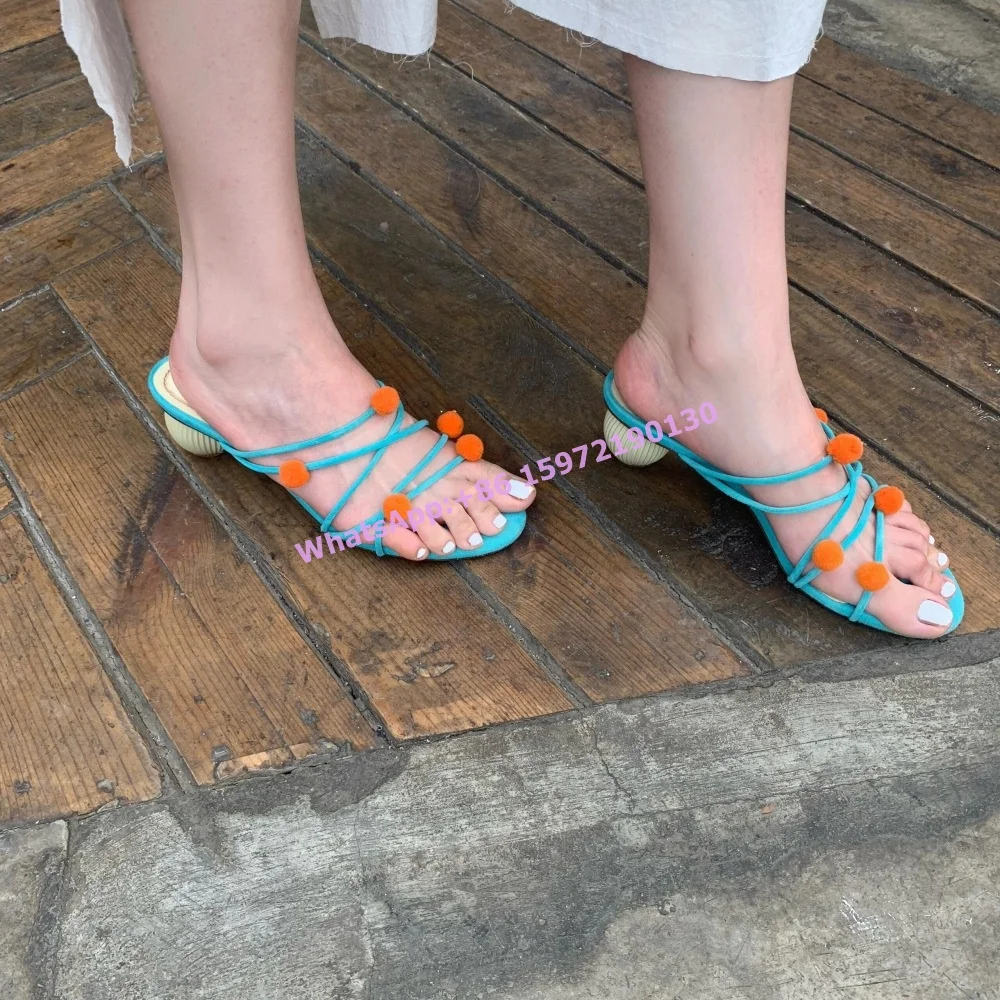 Orange Bobbles Blue Sandals Ball Heels Lovely Narrow Band Round Toe Slingback Back Strap Shoes Summer Sweet Girls Slippers