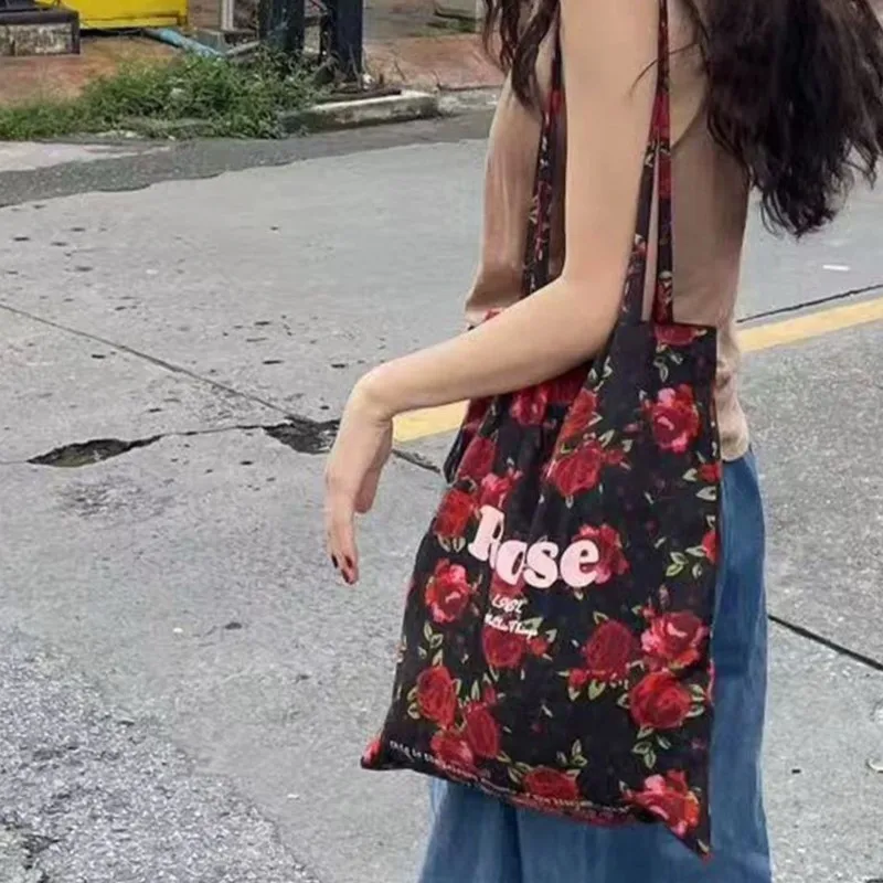 JIAERDI Retro Black Rose Shoulder Bag Women Romantic Flower Large Capacity Handbag Vacation Lightweight Casual Shopping Bag Chic