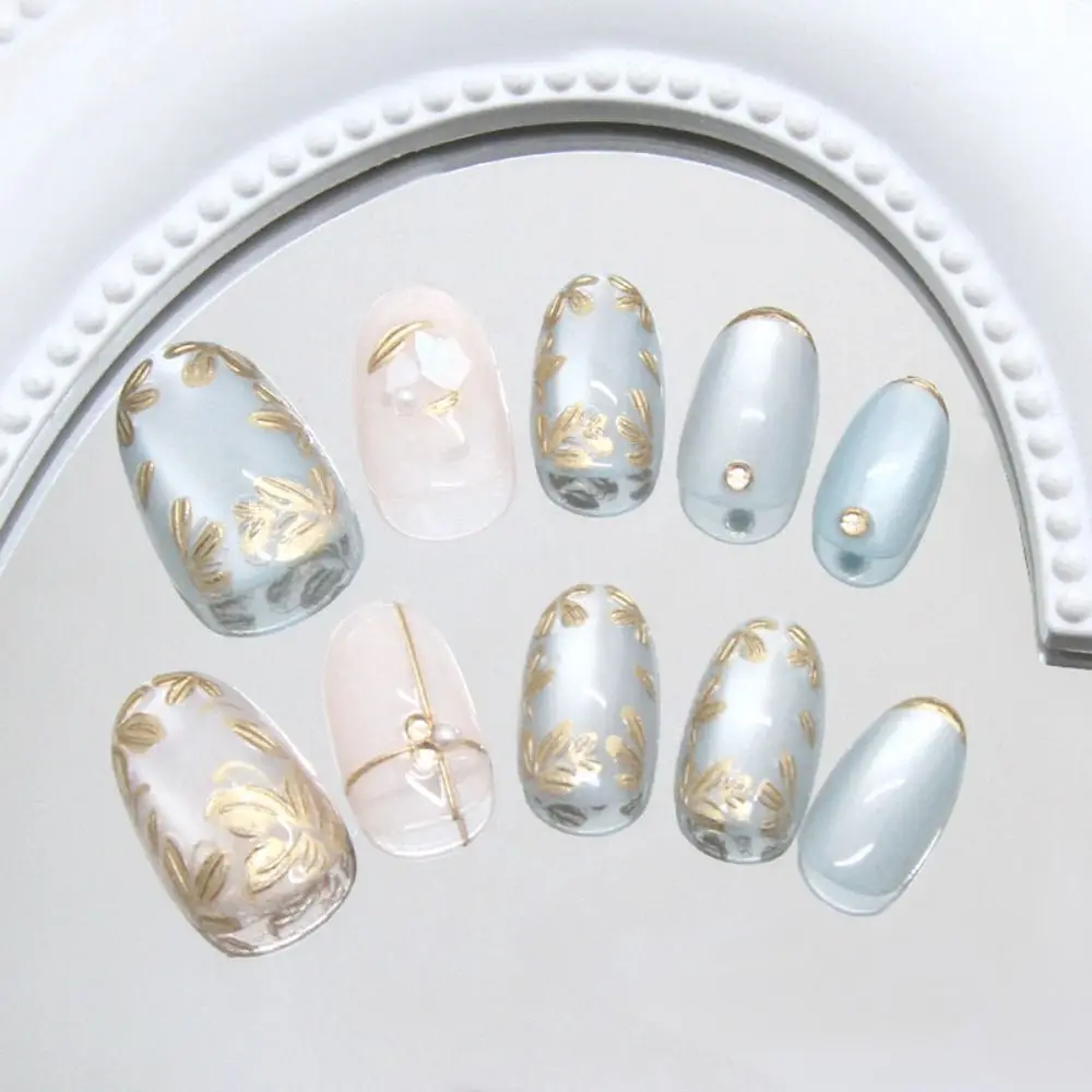 24pcs Manicure Oval False Nails Green Grape Cat Eye Gold Flower Pearls Fake Nials Sparkling Fragments French Nail Tips DIY