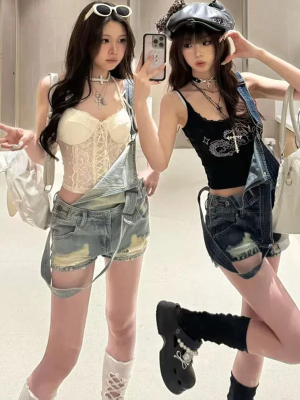 Amerykańskie retro, urocze, wyszczuplające dżinsowe szorty damskie, letnie modne spodnie z wysokim stanem, kombinezon z paskiem i wycięciami.