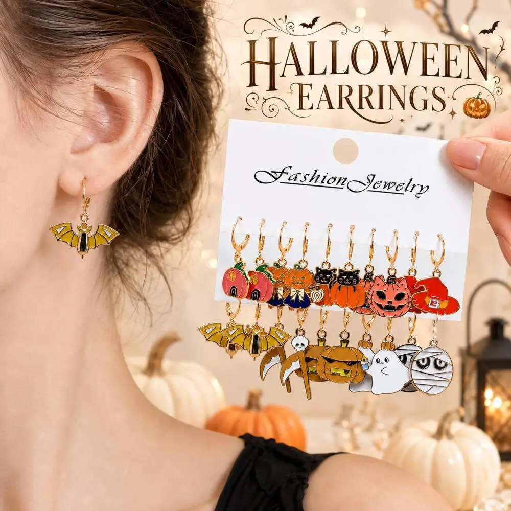 10 Pairs Halloween Cartoon Hoop Earrings Pumpkin, Black Cat, Witch Hat, Ghost, Mummy Party & Cosplay Jewelry