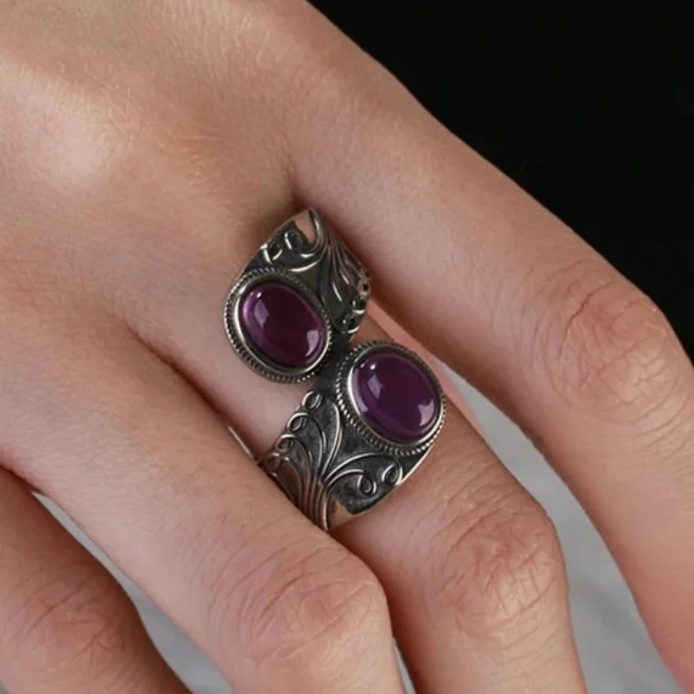 

Vintage Double Oval Amethyst Ring Punk Hiphop Silver Antique Swirl Design For Men Women Lover's Fine Jewelry Party Birthday Gift