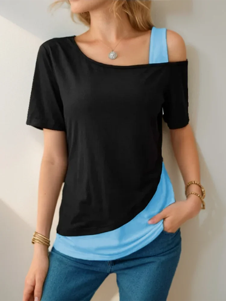 4-Color Patchwork Top female One Shoulder Short Sleeved Summer Fashion Casual T-Shirts