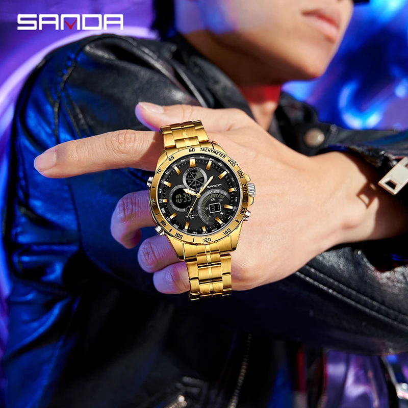 SANDA 3175 модные мужские цифровые кварцевые часы с двойным экраном, черные технологии, многофункциональные водонепроницаемые мужские электронные наручные часы