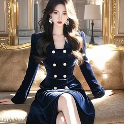 여성용 더블 브레스트 하이 웨이스트 네이비 풀 슬리브 벨벳 원피스, 슬림 벨벳 드레스, 2024 용수철 가을