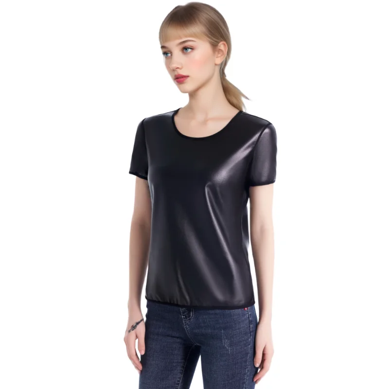 نمط جديد المرأة دراجة نارية فو الجلود قصيرة الأكمام المجهزة تي شيرت أعلى محدد شكل الجسم مدرب خصر سليم التي شيرت أزياء ملابس داخلية