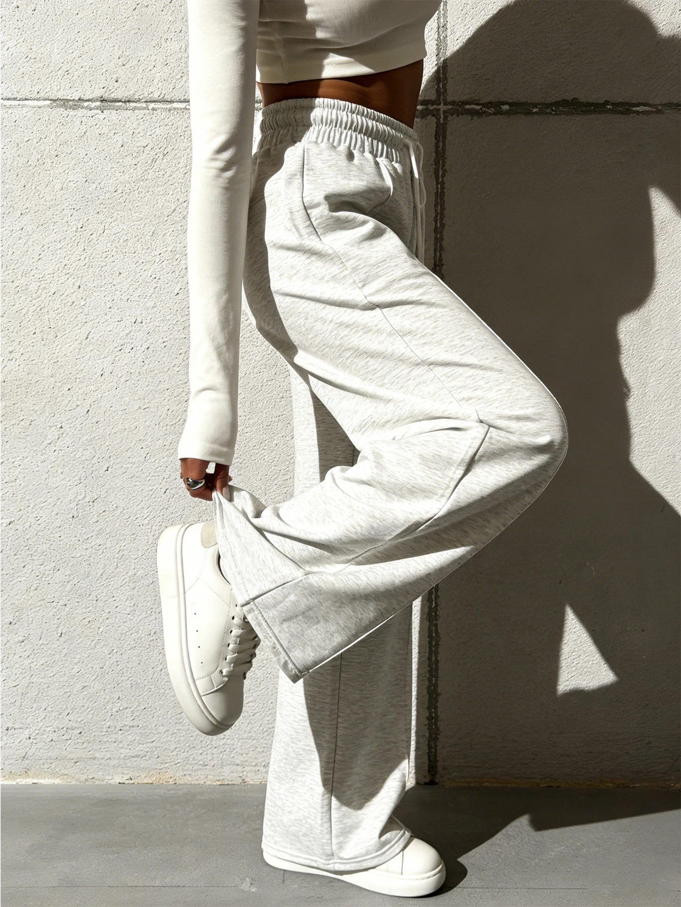 Neue Damen-Sweatpants mit weitem Bein, Streetwear, hohe Taille, baggy, graue Sporthose, Damen-Jogginghose mit Kordelzug, lässige, lockere Hose – Detail 3