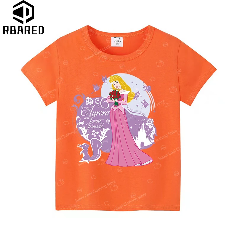 T-shirt per nuove ragazze estive 2024 Disney Rapunzel adatta per abbigliamento per bambini comodo abbigliamento per bambini in puro cotone al 100%