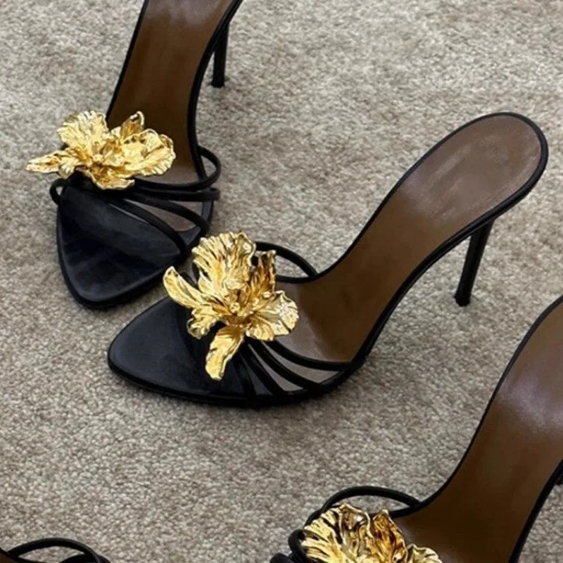 2025 Women's Sandals Slippers Summer Metal Flowers Beautiful Fashion Sandals Women's Stiletto High Heels Black Sandals image 4