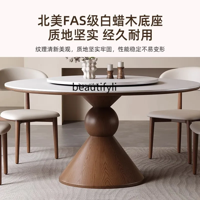 

Medieval solid wood rock slab dining table round table household with turntable ash wood round dining table and chairs