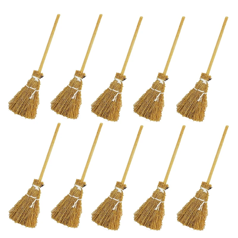 10PCS Mini Simulation Witch Broom Hanging Decoration Straw Craft Artificial Brooms for Fairy Garden Dollhouse Accessories
